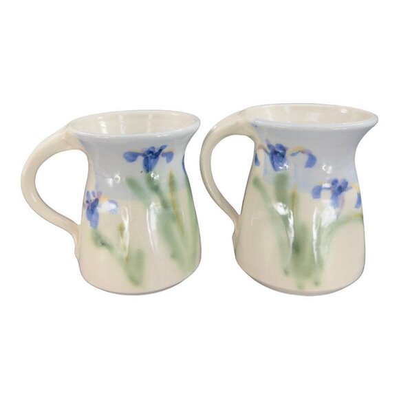 Studio Art Pottery Coffee Mug Cup Set 2 Hand Made Mugs Blue Green Flower Signed - Picture 14 of 14